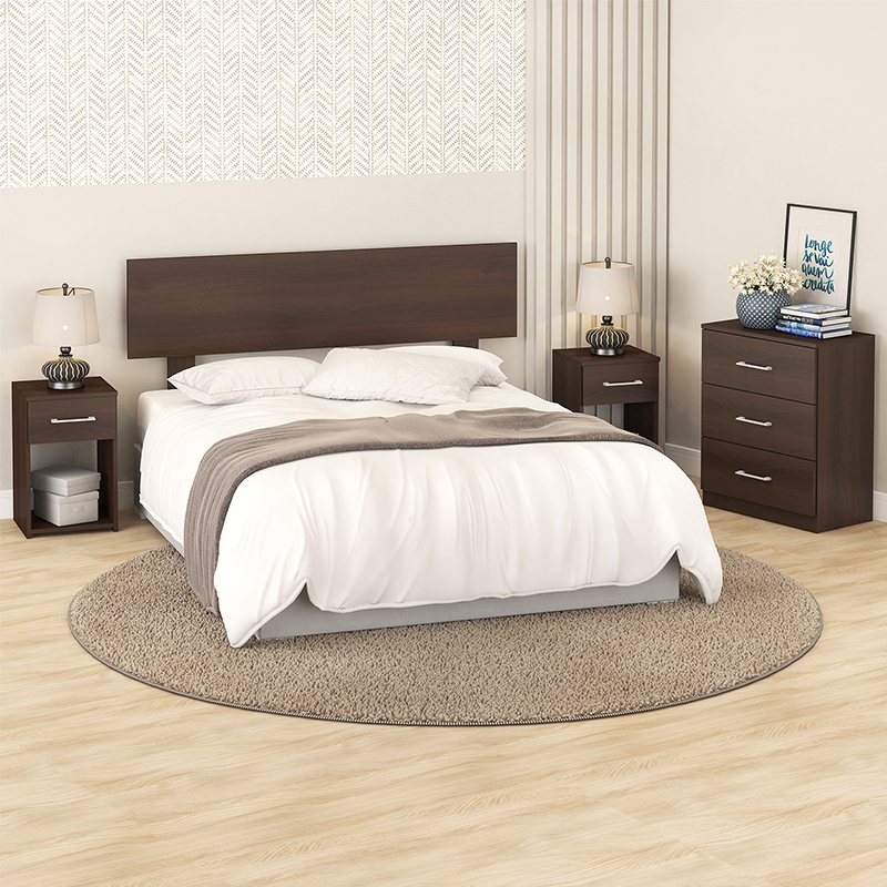 SET DORMITORIO CASAL RESPALDO 2 PLAZAS + 2 VELADORES + CÓMODA
