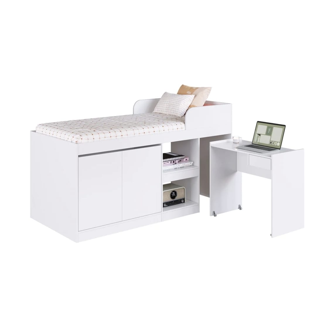 Cama 1 plaza alta multifuncional con escritorio movil espacio con 2 puertas en color blanco y en jamaica - Imagen 7