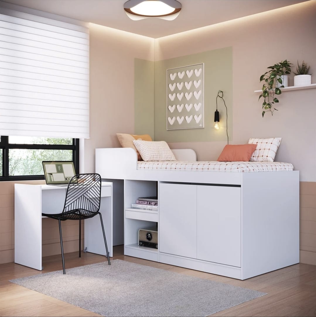 Cama 1 plaza alta multifuncional con escritorio movil espacio con 2 puertas en color blanco y en jamaica