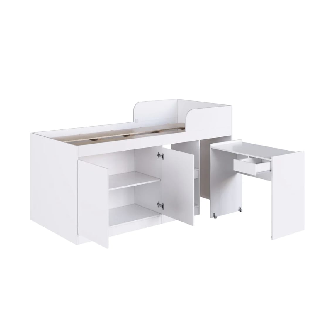 Cama 1 plaza alta multifuncional con escritorio movil espacio con 2 puertas en color blanco y en jamaica - Imagen 4