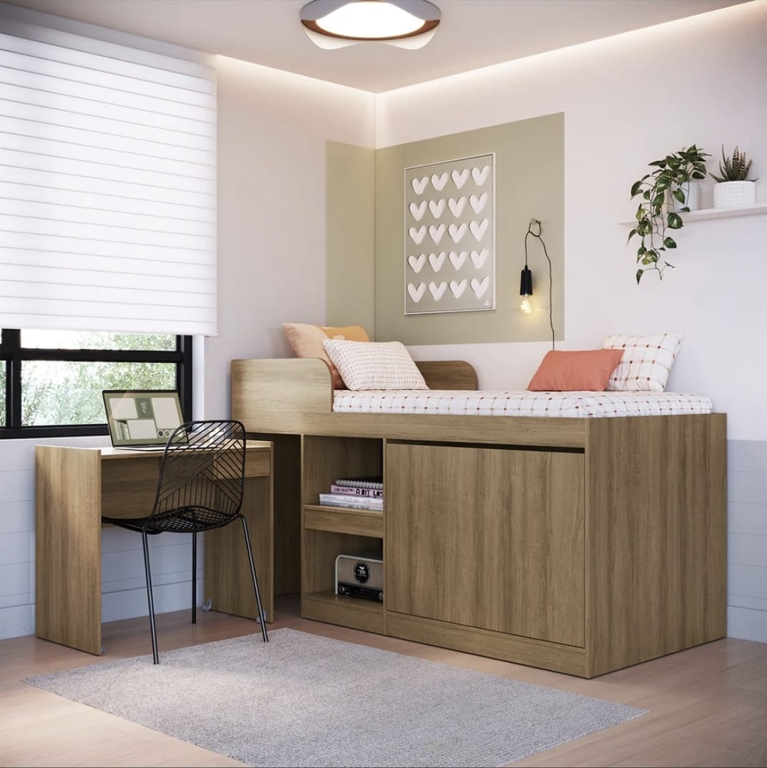 Cama 1 plaza alta multifuncional con escritorio movil espacio con 2 puertas en color blanco y en jamaica - Imagen 3