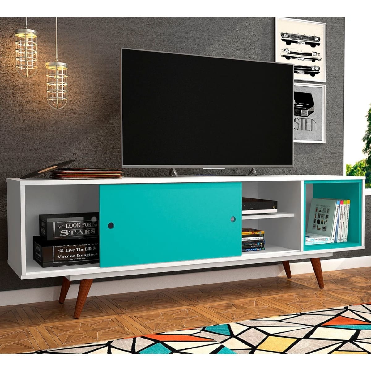 Rack Tv 70" Retro50 - Blanco / Turquesa