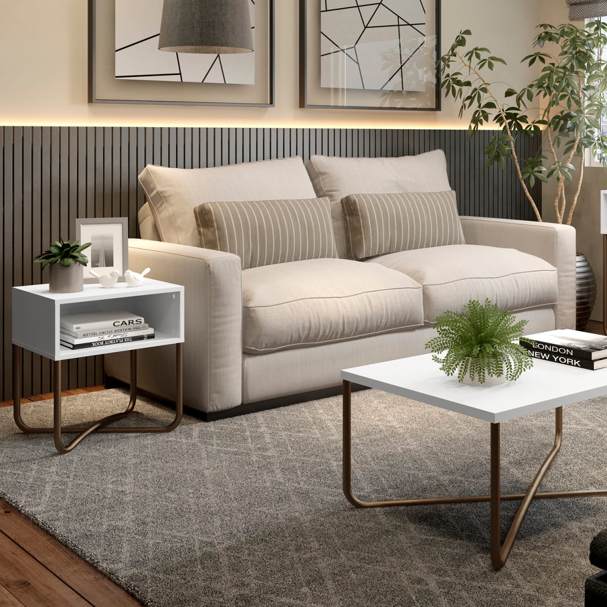 Mesa Lateral Connect - Blanco / Oro Envejecido