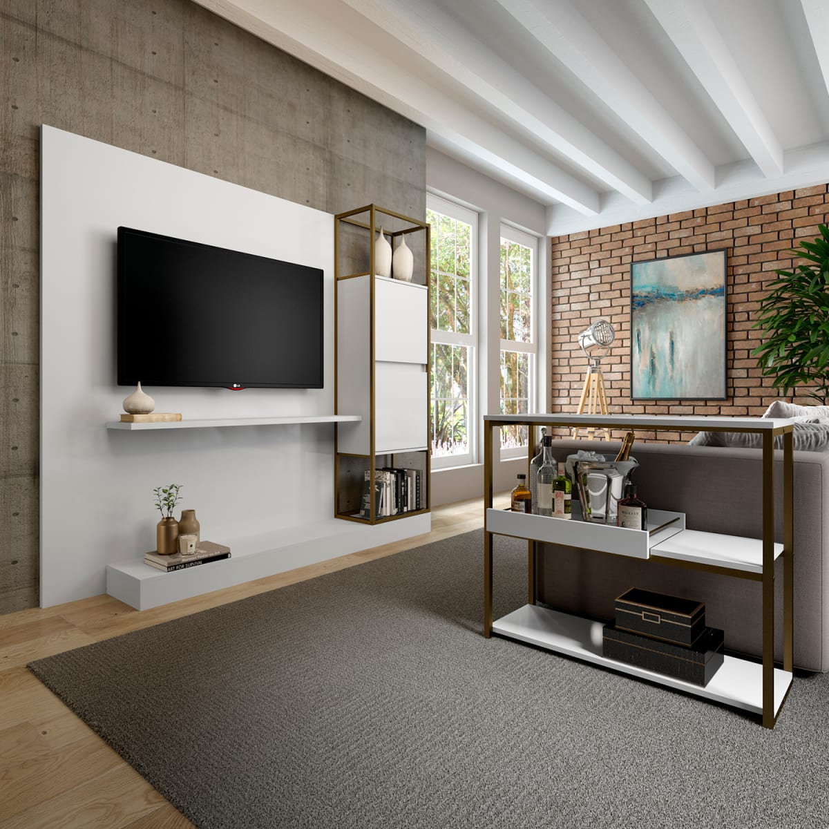 Centro de Entretenimiento Rack Tv 60 Home Design - Blanco / Oro Envejecido