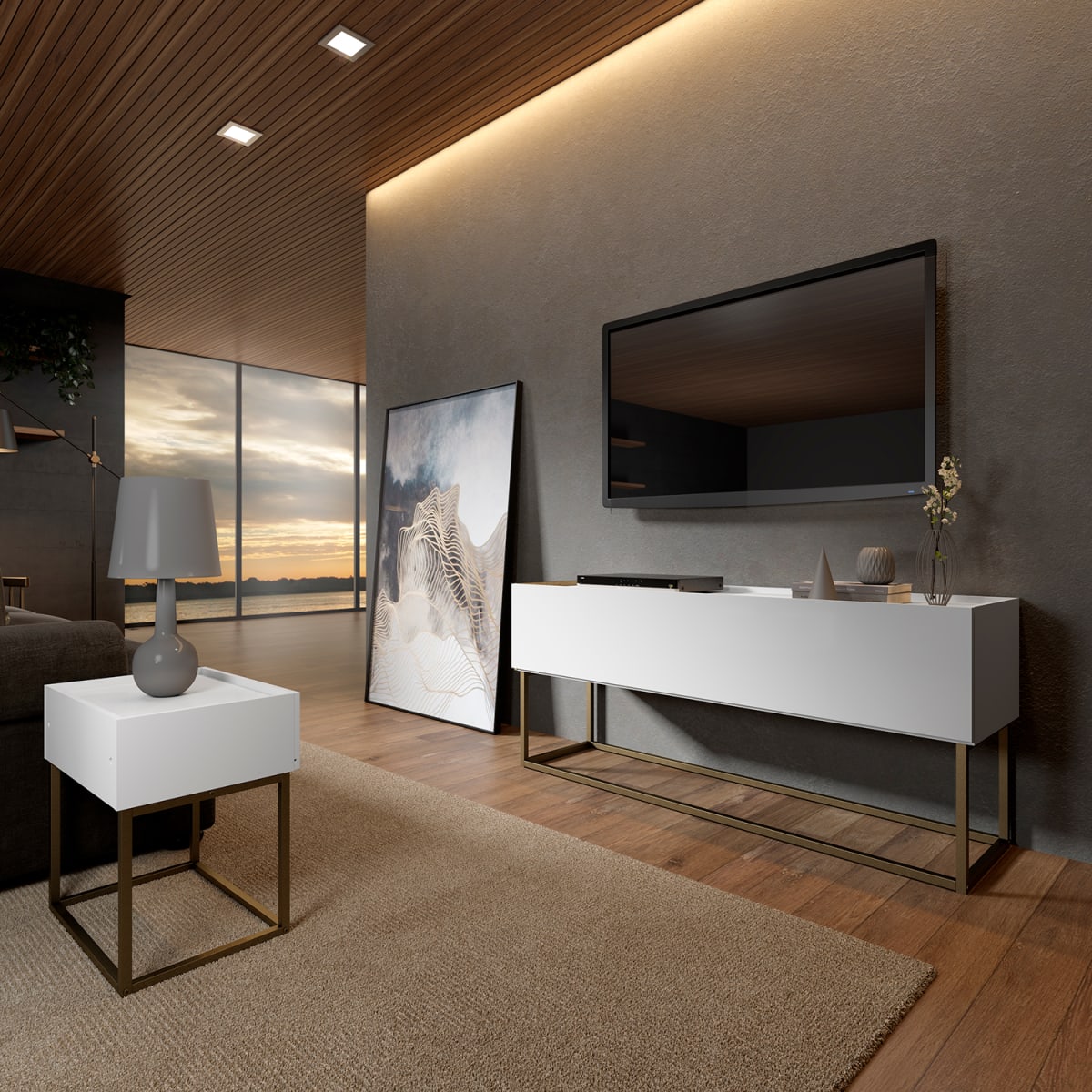 Rack Tv 55" Home Design - Blanco / Oro Envejecido