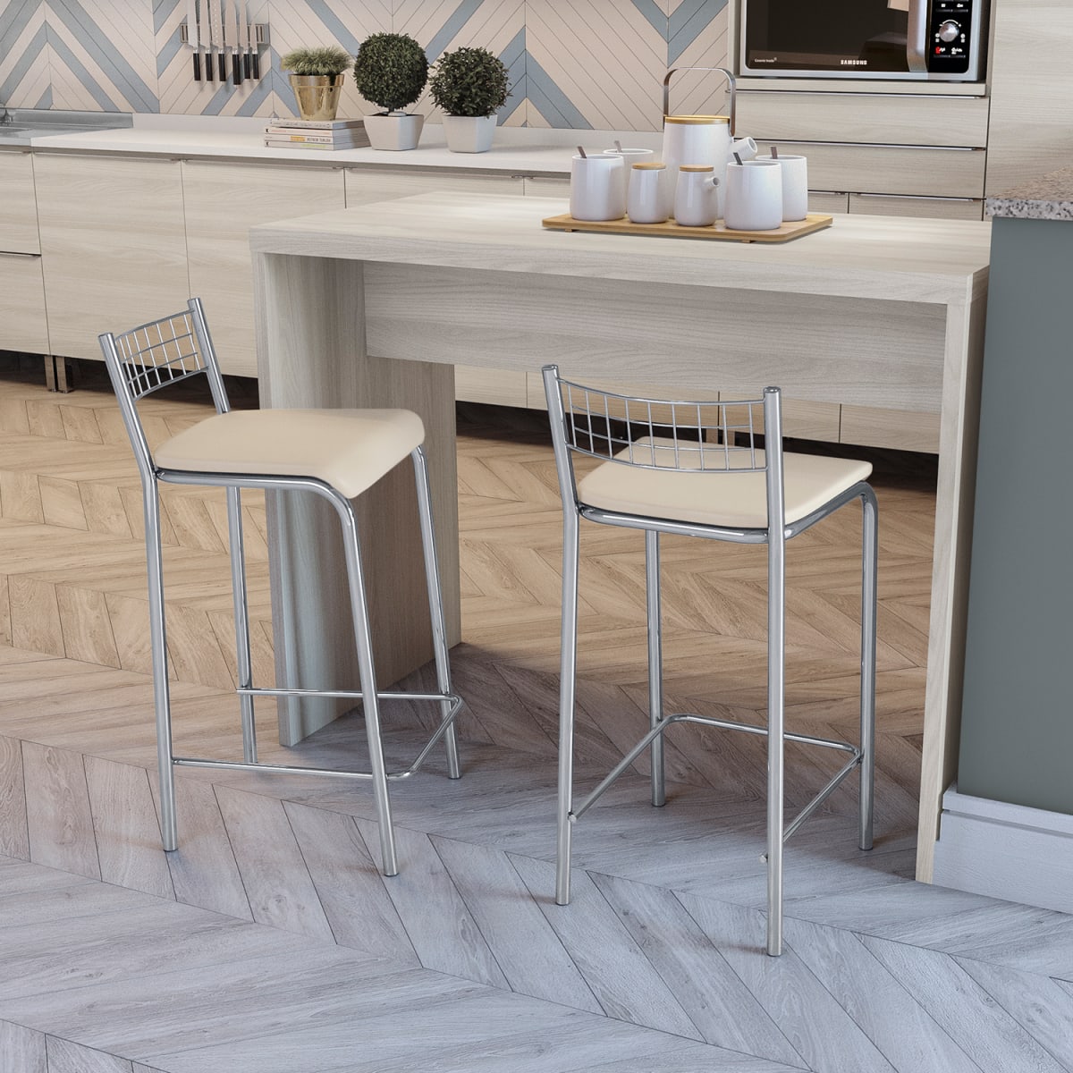 Set 2 Taburetes Zurique - Cromado / Beige