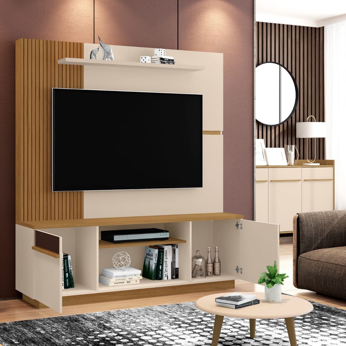 Centro De Entretenimiento Aruba Tv60 - Blanco / Canela / Ripado - Imagen 2