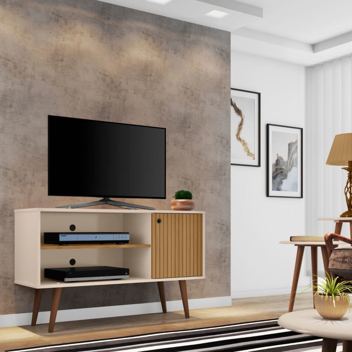 Rack Tv 42" Jade - Blanco Invierno / Canela Ripado