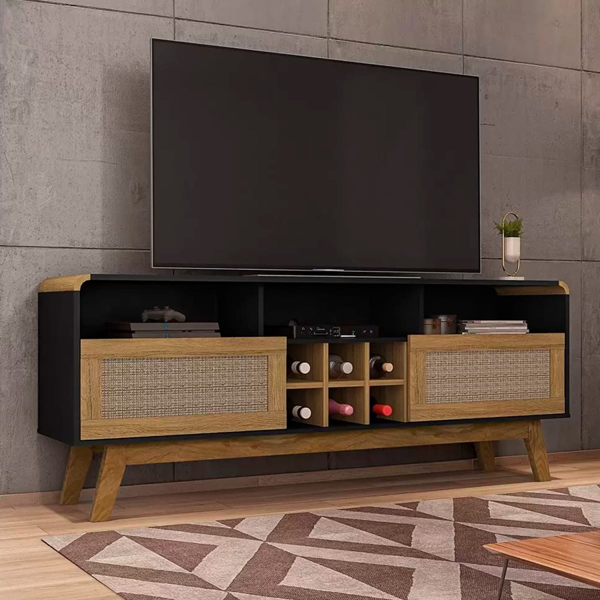 Rack Tv 65" Larimar - Negro / Canela Rattan