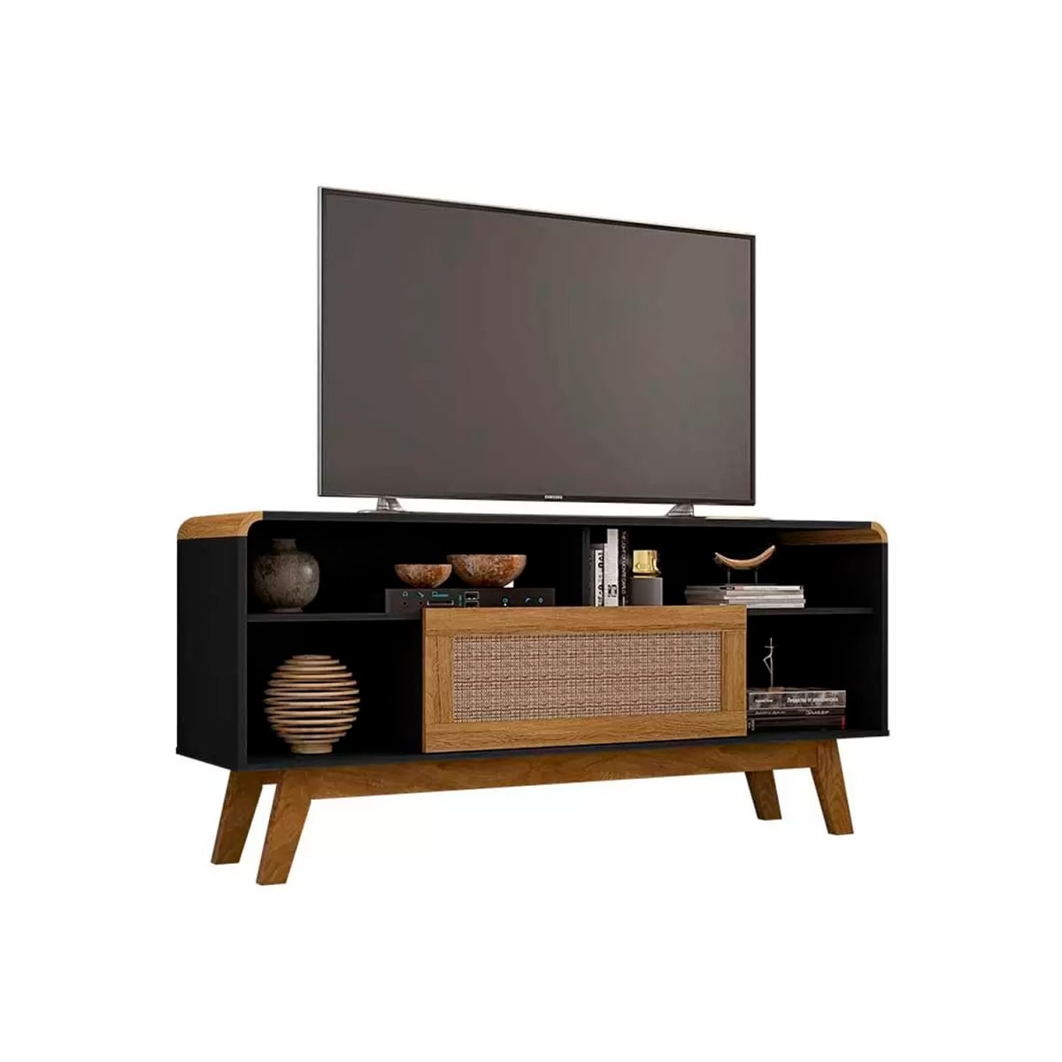 Rack Tv 55" Lazuli - Negro / Rattan - Imagen 2