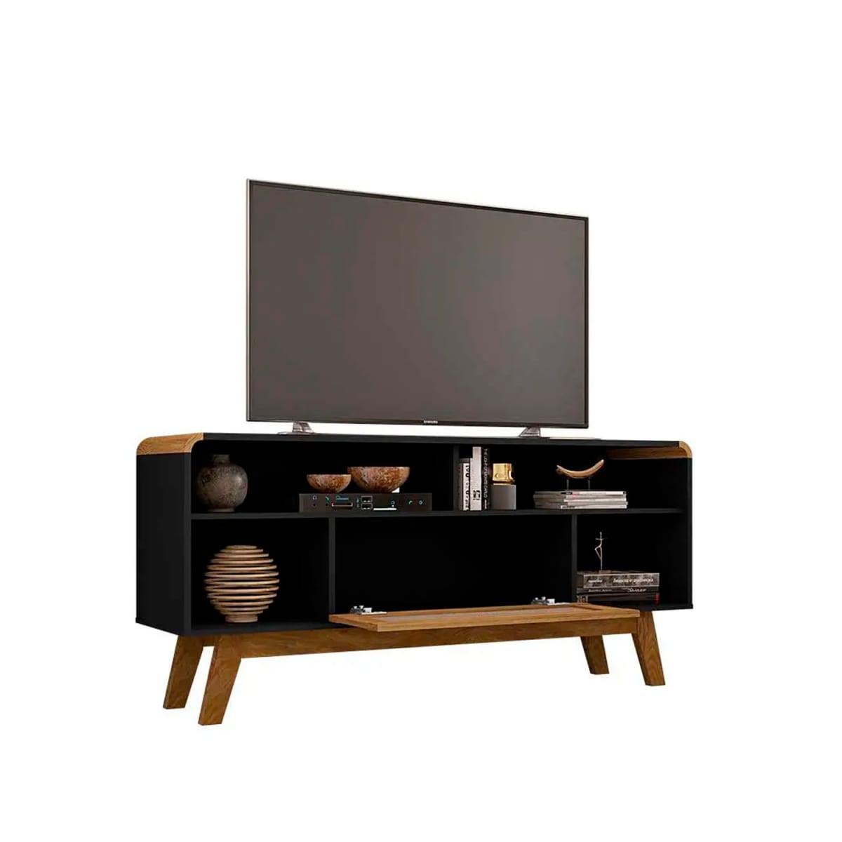 Rack Tv 55" Lazuli - Negro / Rattan - Imagen 3