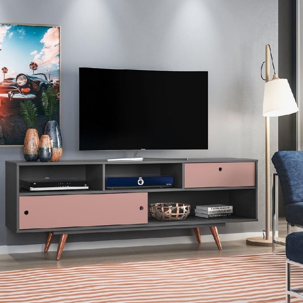 Rack Tv 70" Retro Lille - Grafito / Rosa