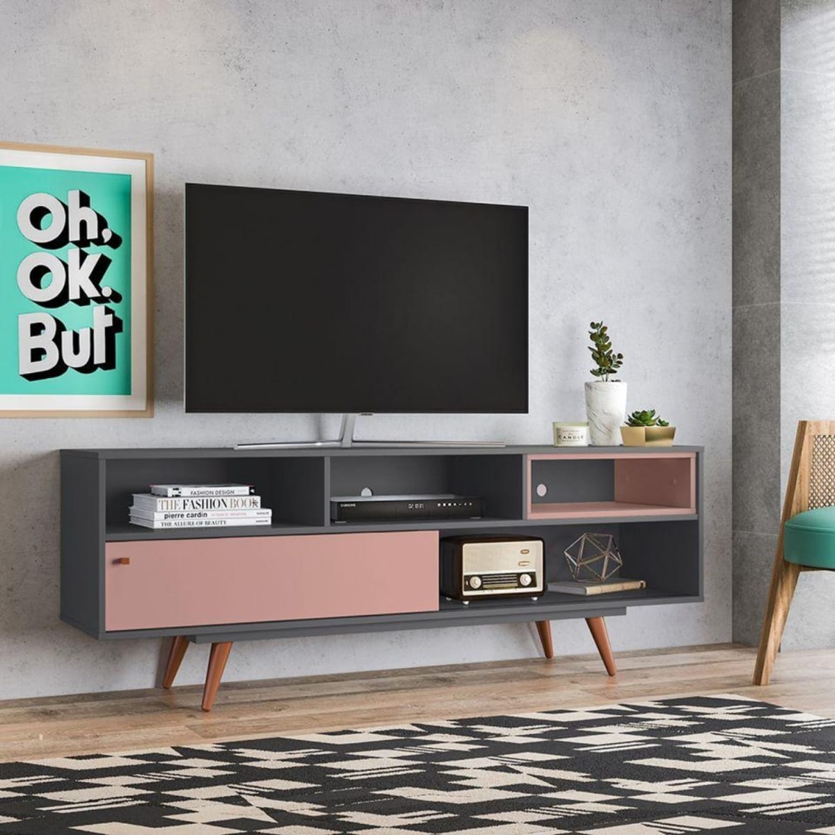 Rack Tv 70" Retro Lyon - Grafito / Rosa