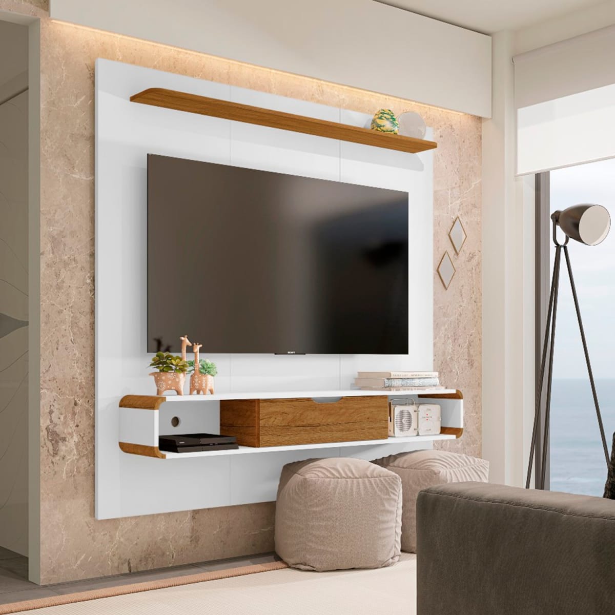 Panel Rack Tv 65" Lisboa - Blanco / Canela