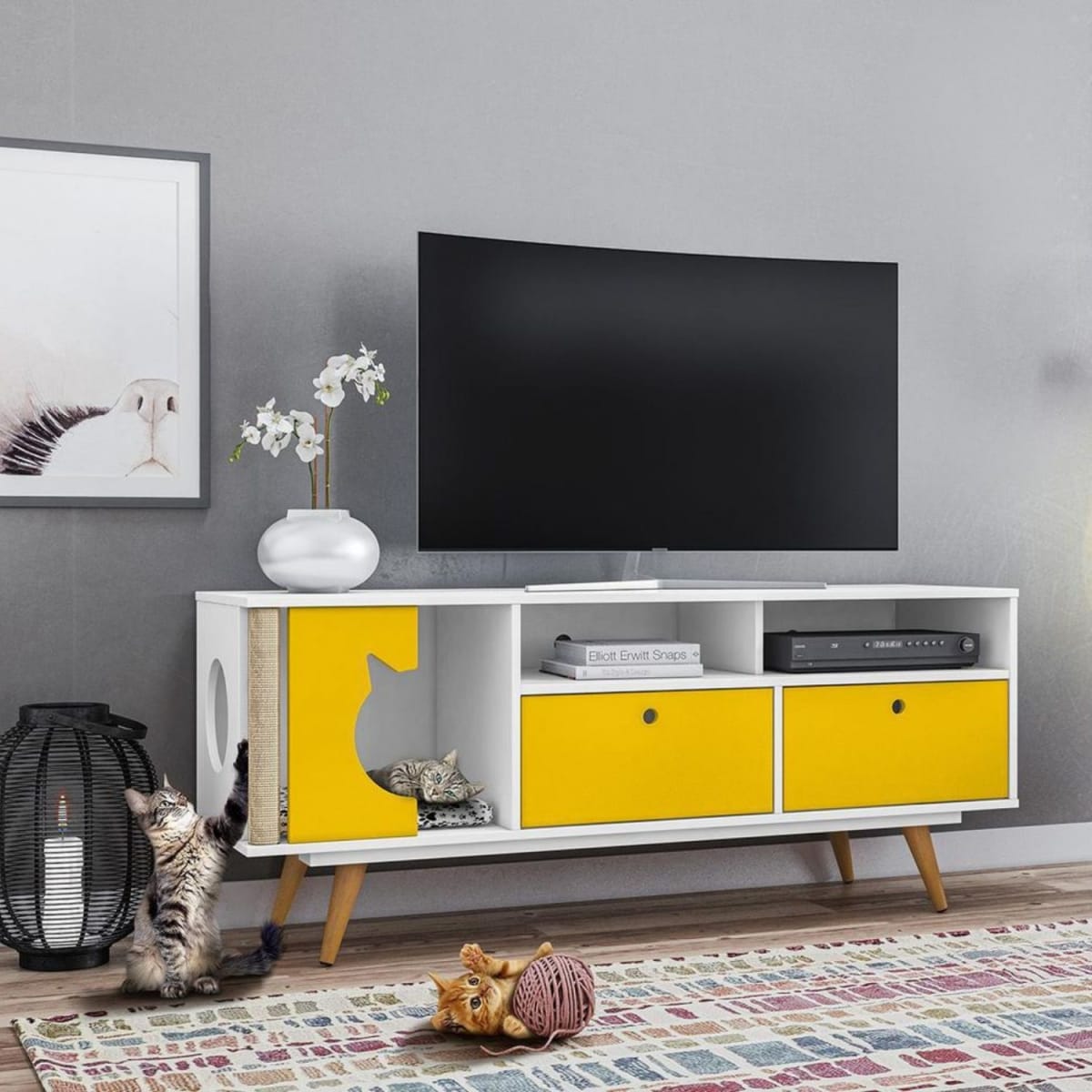 Rack Retro Mascota Cat Angora - Blanco / Amarillo