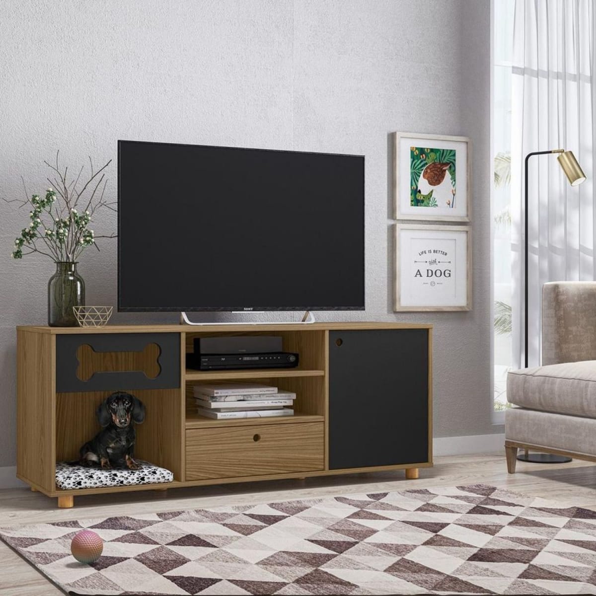 Rack Tv 60" Mascota Dog Roxy - Miel / Negro