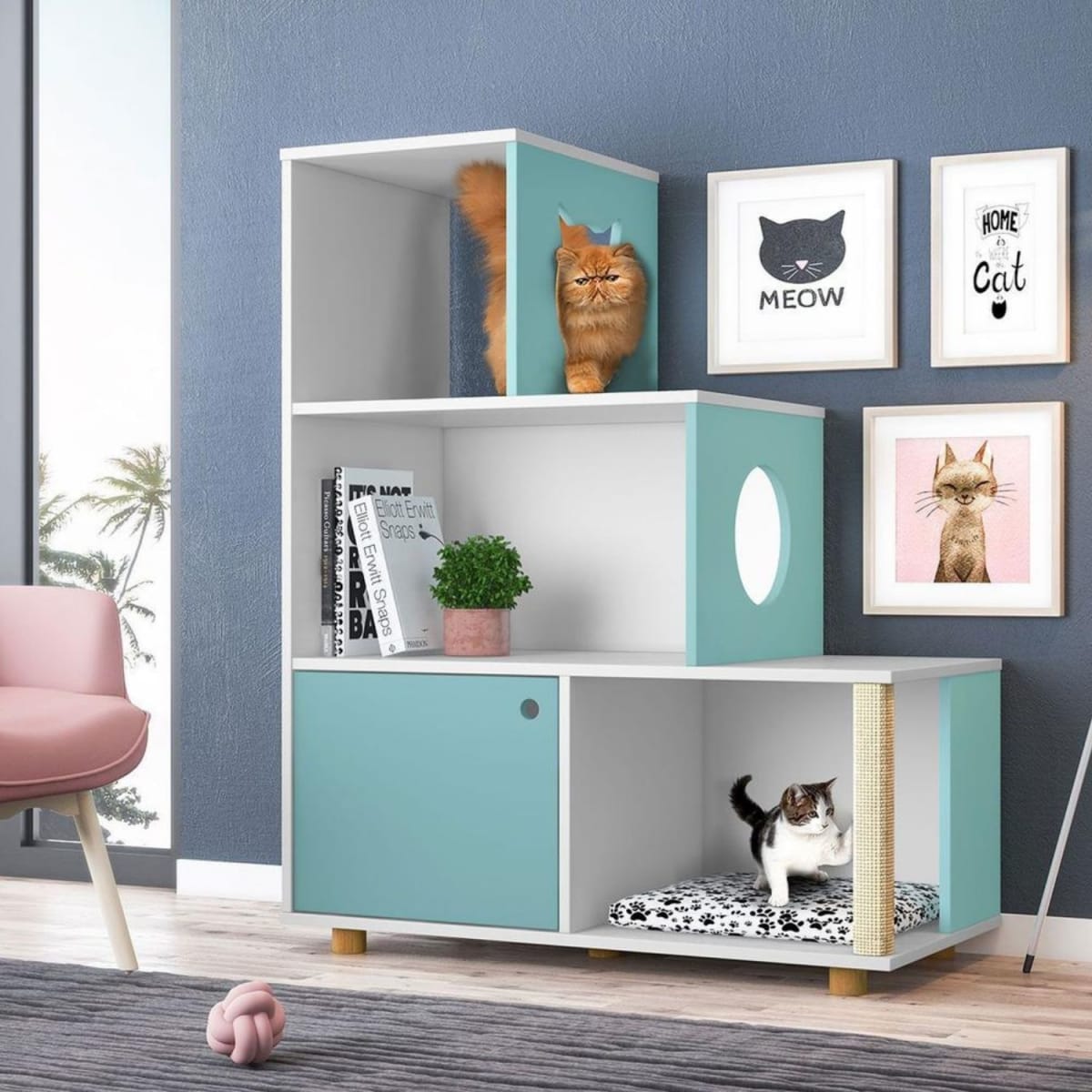 Estante Mascota Cat Siames - Blanco / Turquesa
