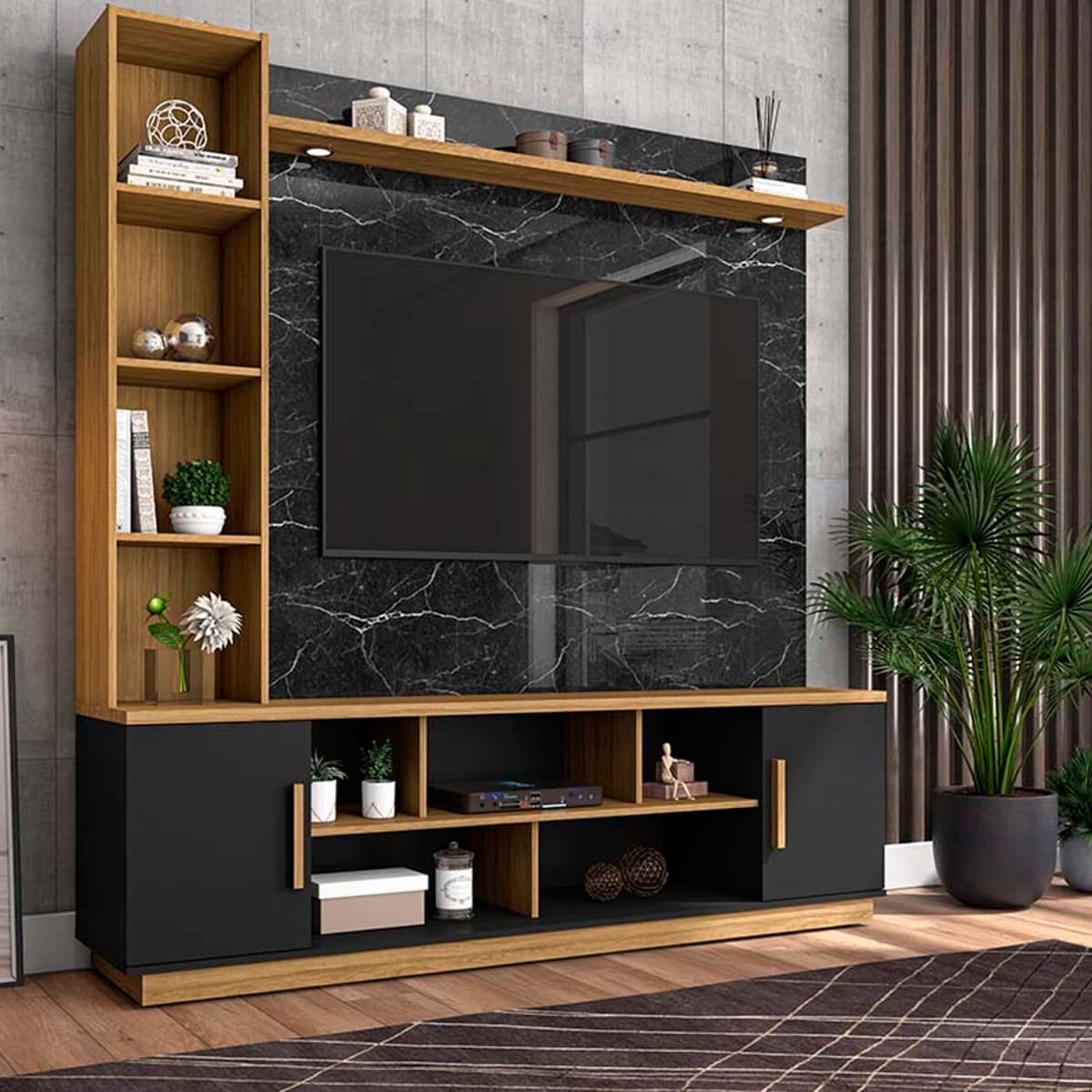 Centro de Entretenimiento Rack TV 60" Prestige - Negro / Canela / Marmol
