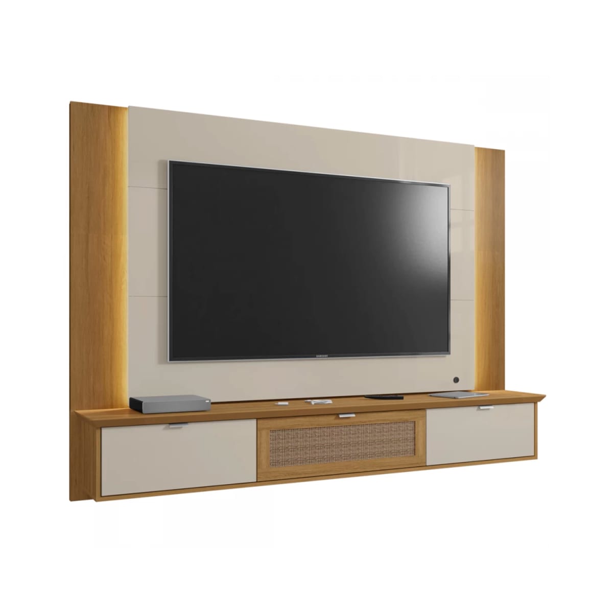 Panel Rack Tv 70" Qatar - Blanco Invierno / Canela / Rattan - Imagen 2