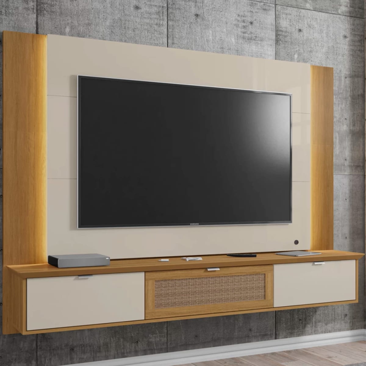 Panel Rack Tv 70" Qatar - Blanco Invierno / Canela / Rattan