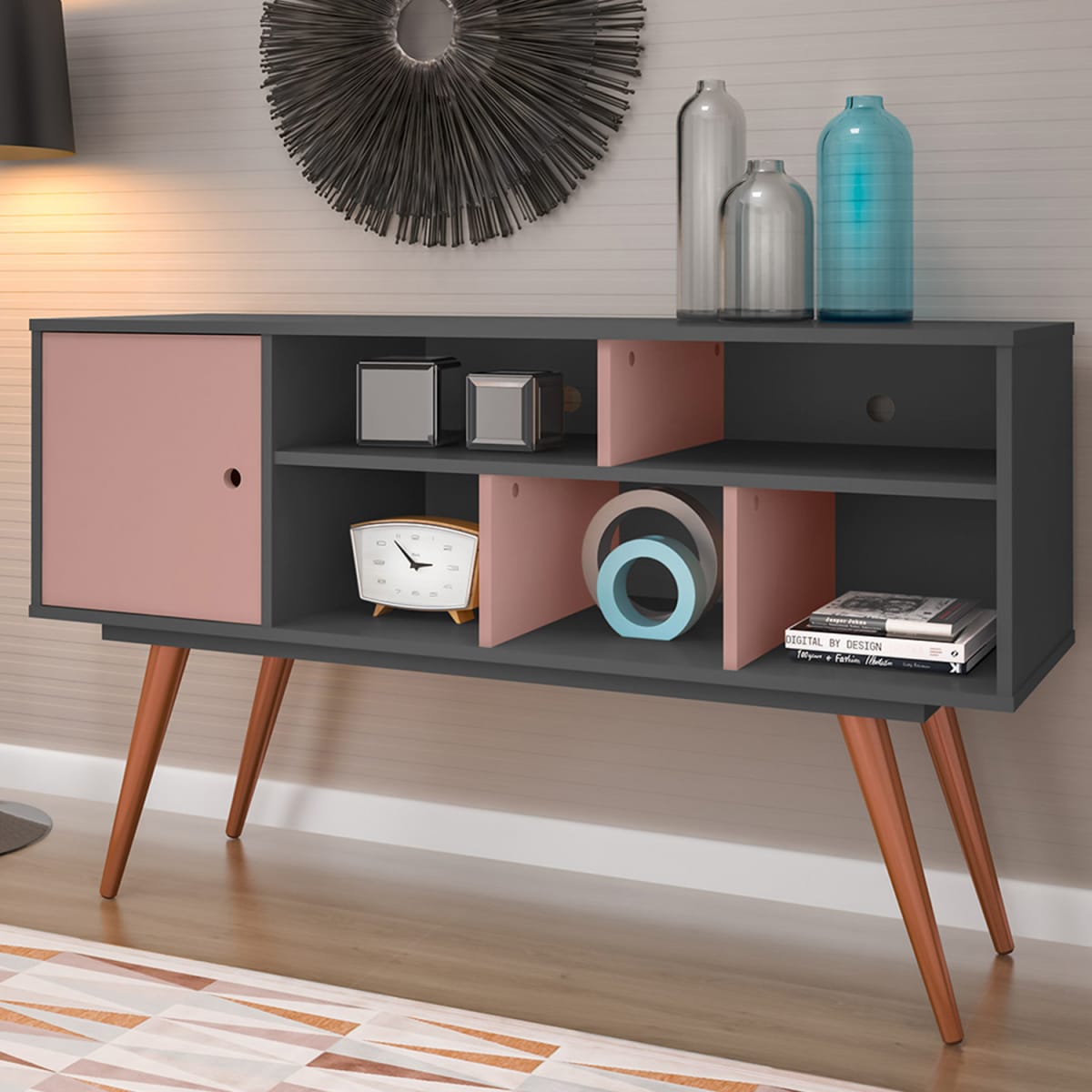 Rack Tv 50" Retro75 - Grafito / Rosa
