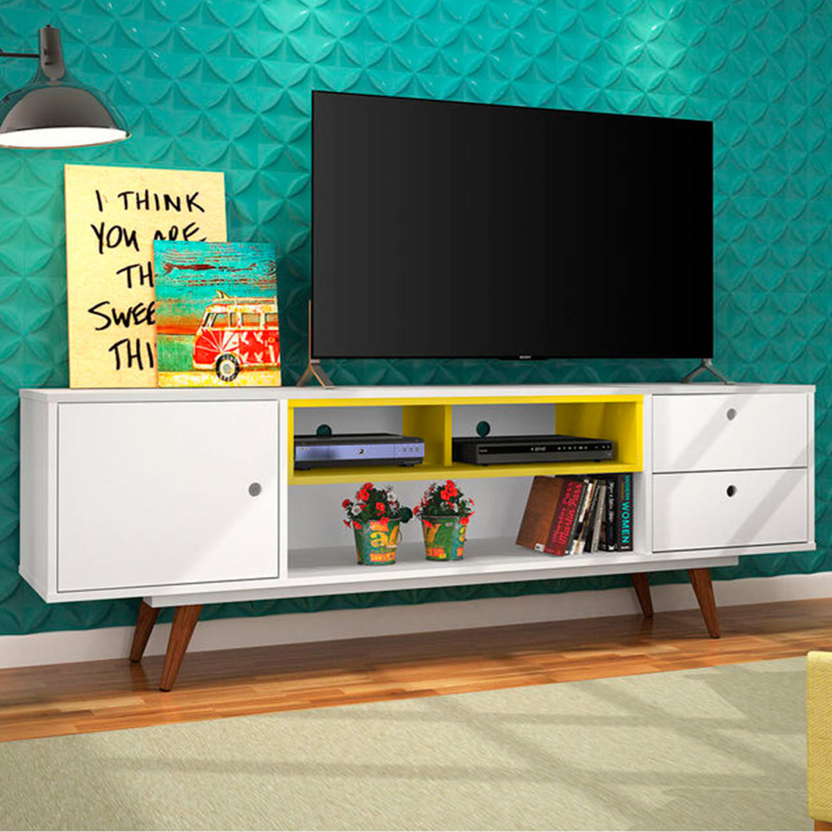 Rack Tv 70" Retro80 - Blanco / Amarillo