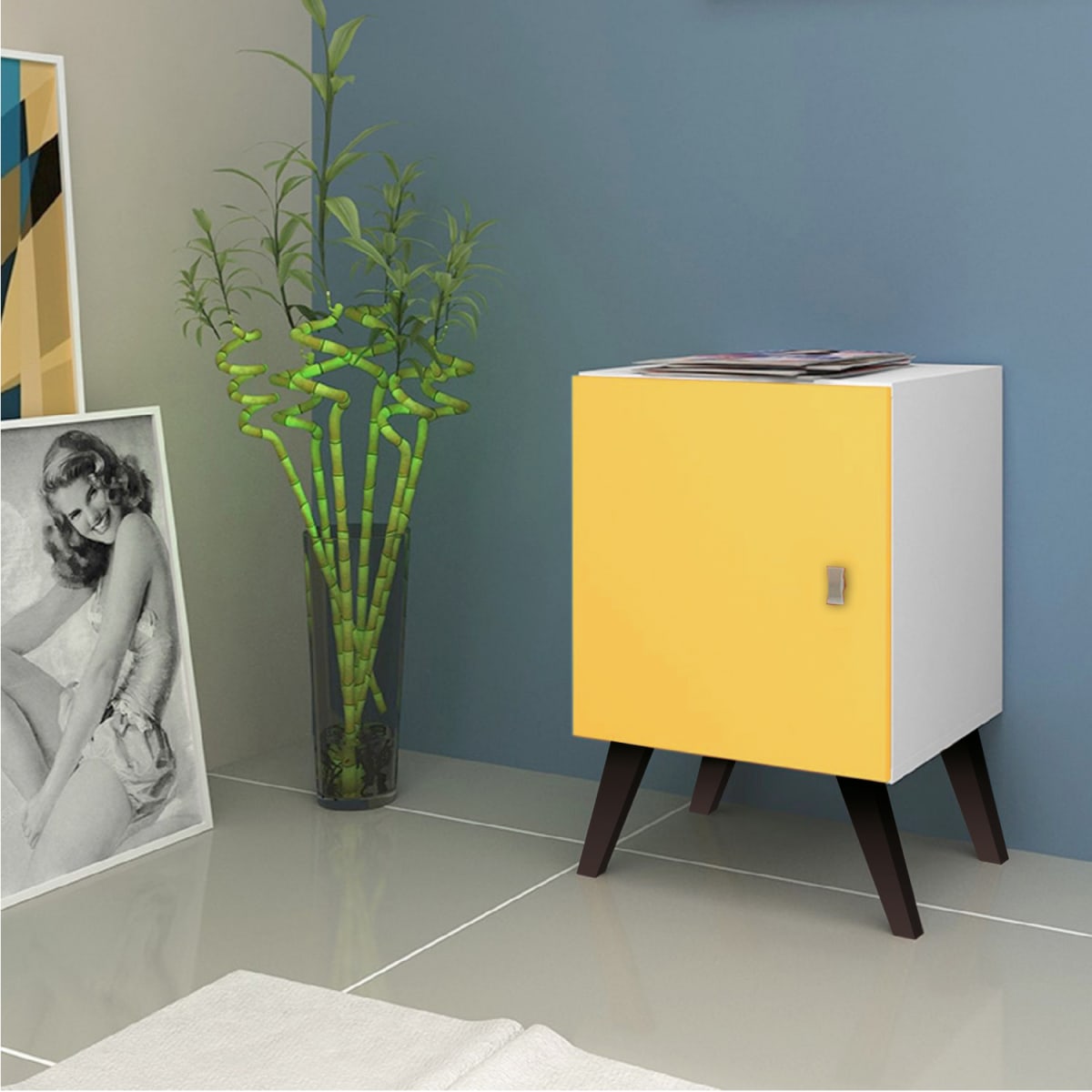 Velador Retro Con Puerta - Blanco / Amarillo