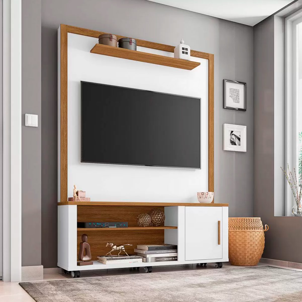 Centro De Entretenimiento Rack Tv 55" Smart - Blanco / Canela