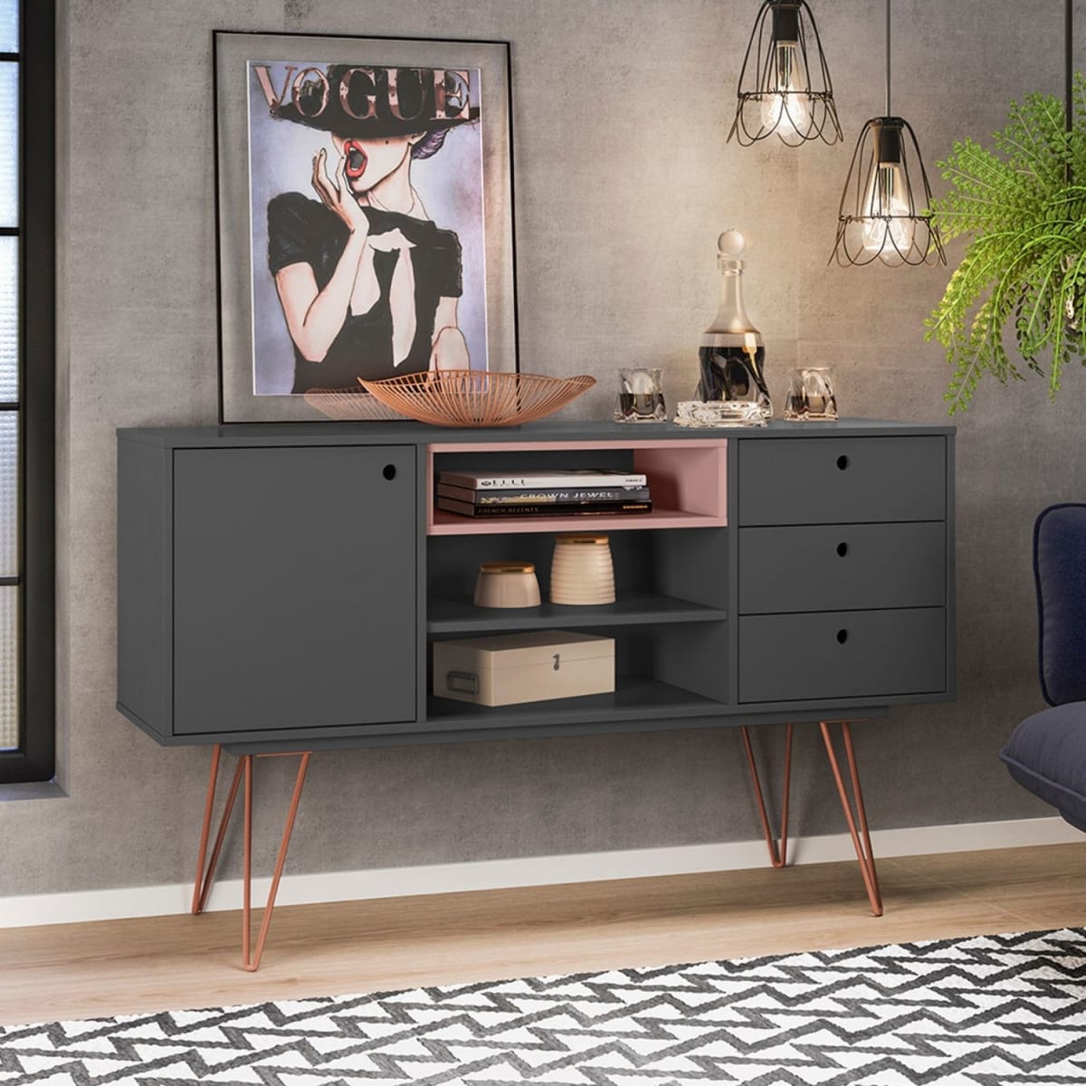 Aparador Buffet Retro Taranto - Grafito / Rosa