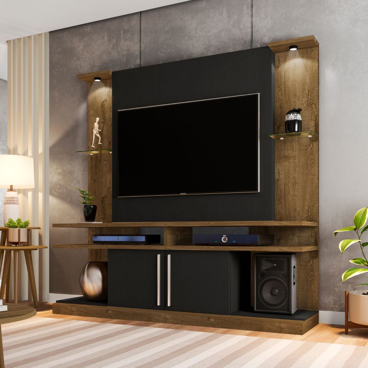 Centro De Entretenimiento Rack Tv 60" York - Canela / Rústico / Negro